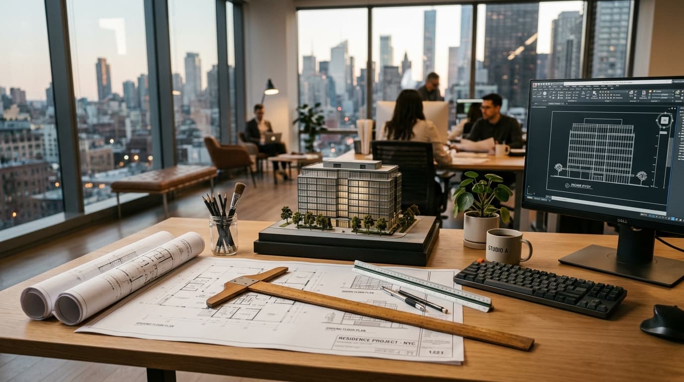 Modern architecture studio workspace with blueprints, scale model and city skyline